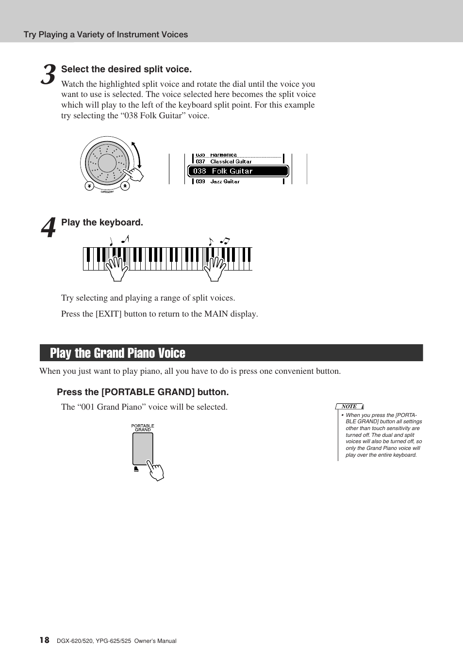 Play the grand piano voice | Yamaha DGX-520 User Manual | Page 18 / 142