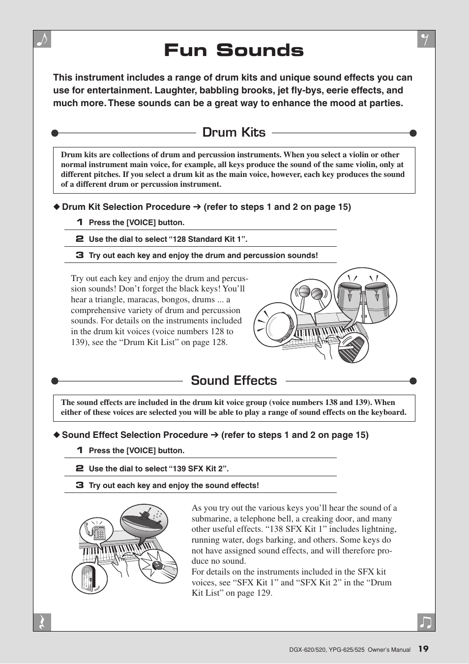 Fun sounds, Drum kits, Sound effects | Drum kits sound effects | Yamaha DGX-520 User Manual | Page 19 / 142