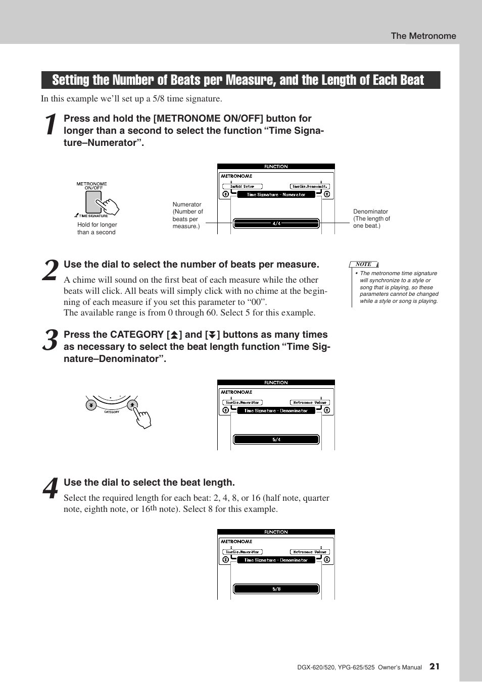 Setting the number of beats per measure, And the length of each beat | Yamaha DGX-520 User Manual | Page 21 / 142