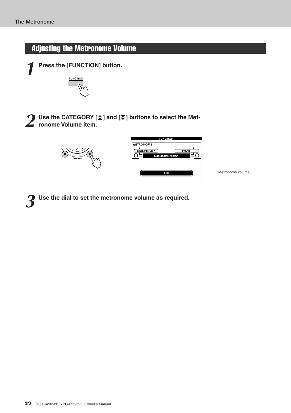 Adjusting the metronome volume | Yamaha DGX-520 User Manual | Page 22 / 142