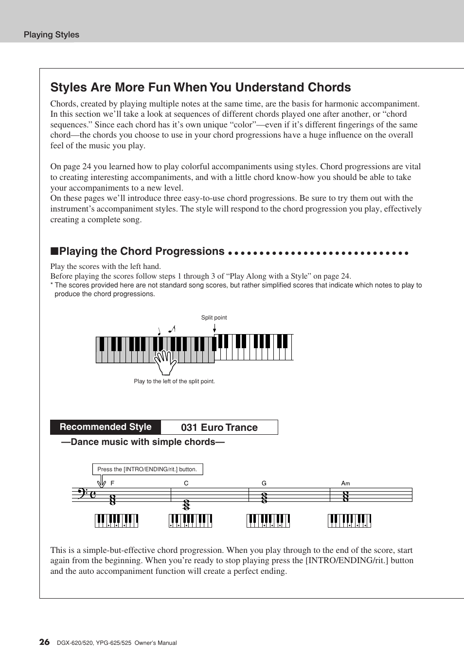 Styles are more fun when you understand chords, Playing the chord progressions, 031 euro trance | Dance music with simple chords, Recommended style | Yamaha DGX-520 User Manual | Page 26 / 142