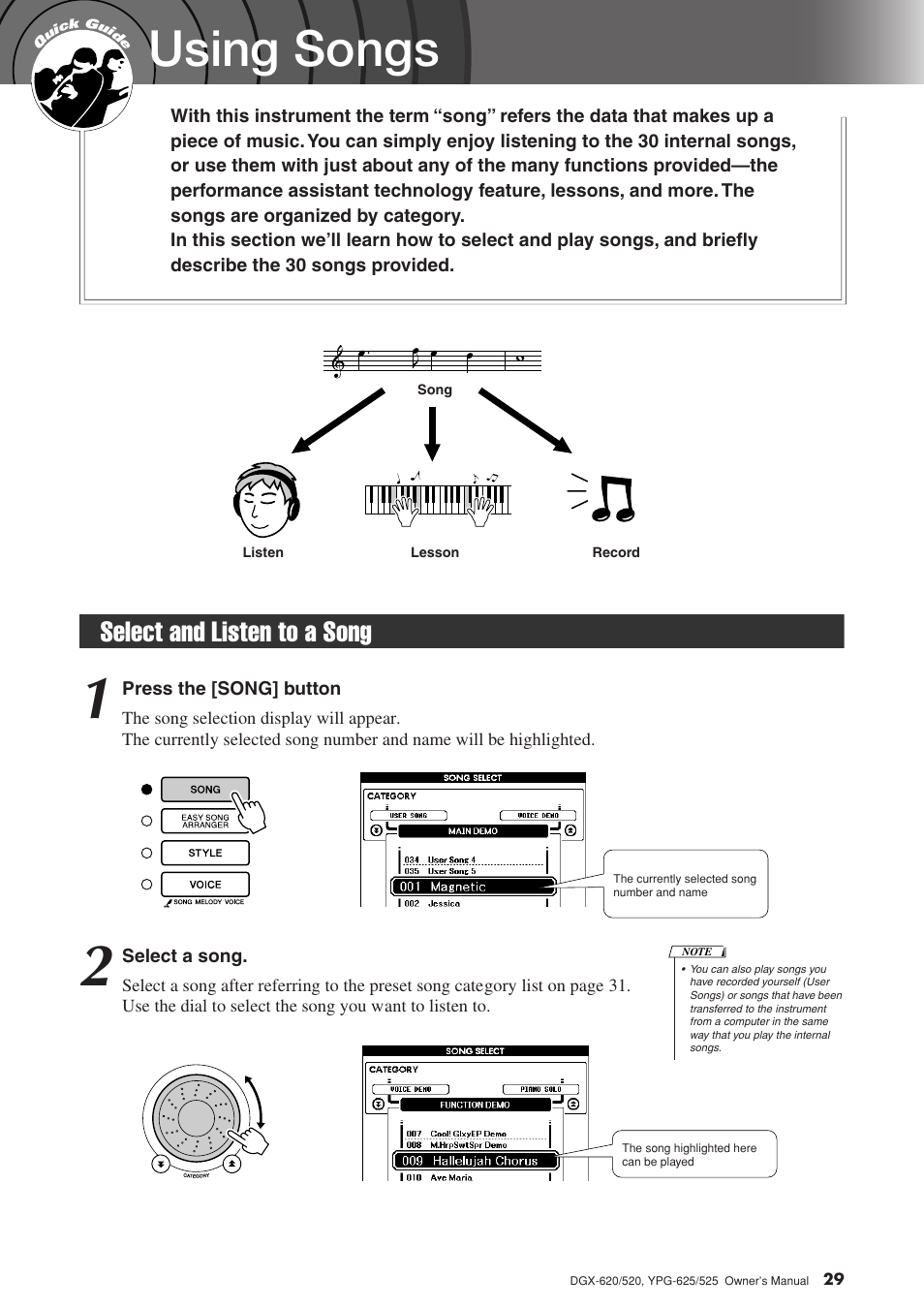 Using songs, Select and listen to a song | Yamaha DGX-520 User Manual | Page 29 / 142