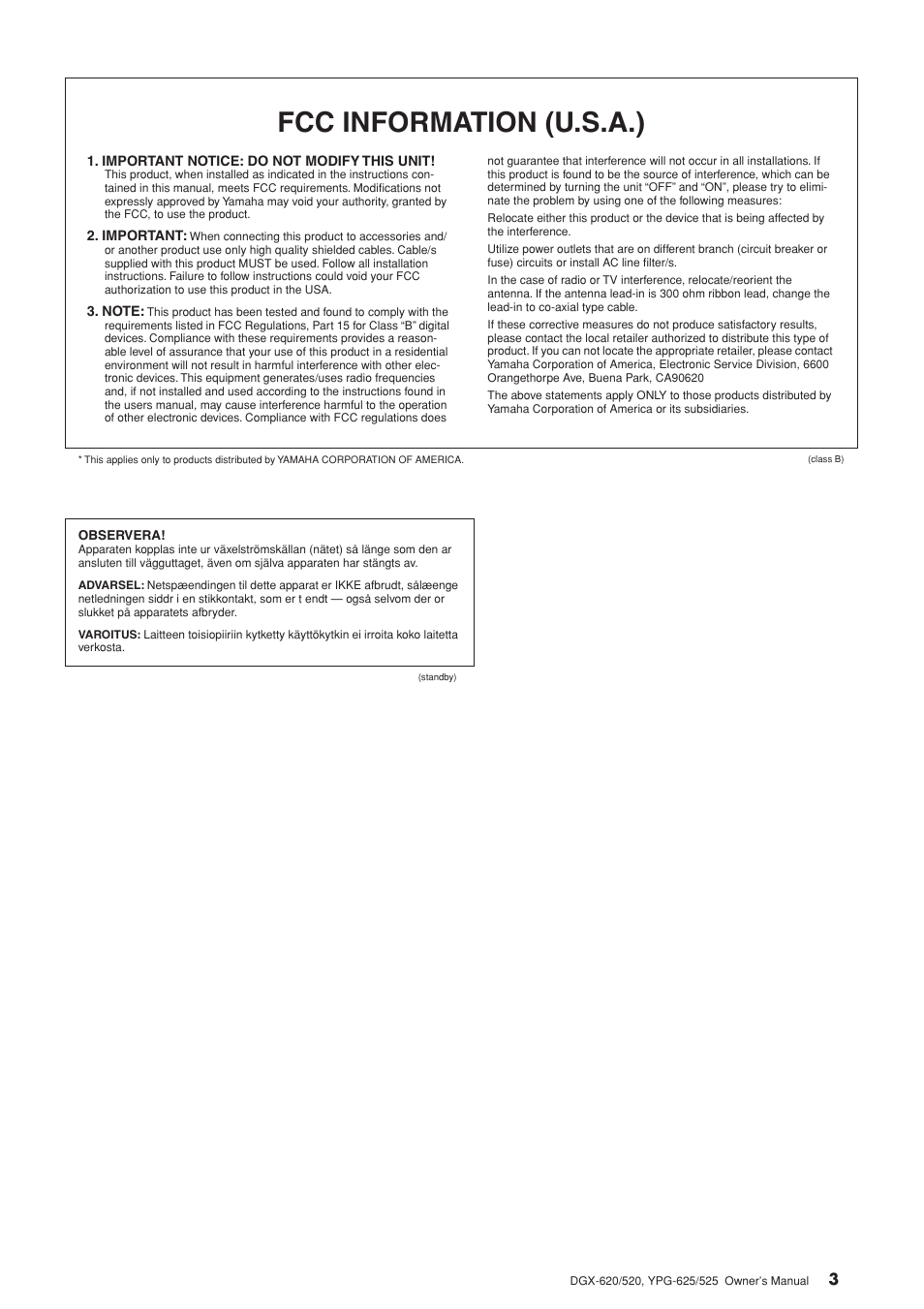 Fcc information (u.s.a.) | Yamaha DGX-520 User Manual | Page 3 / 142