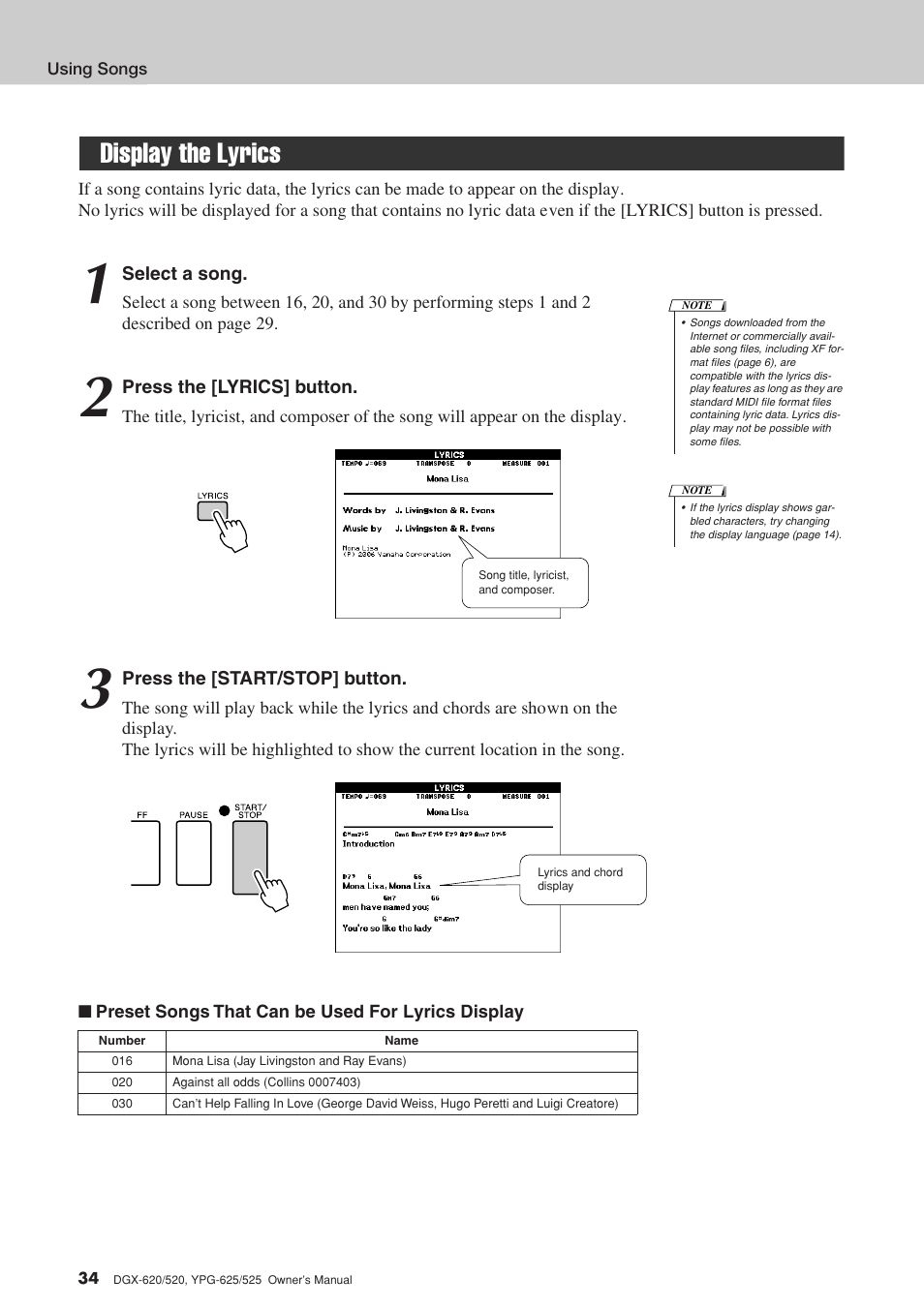 Display the lyrics | Yamaha DGX-520 User Manual | Page 34 / 142