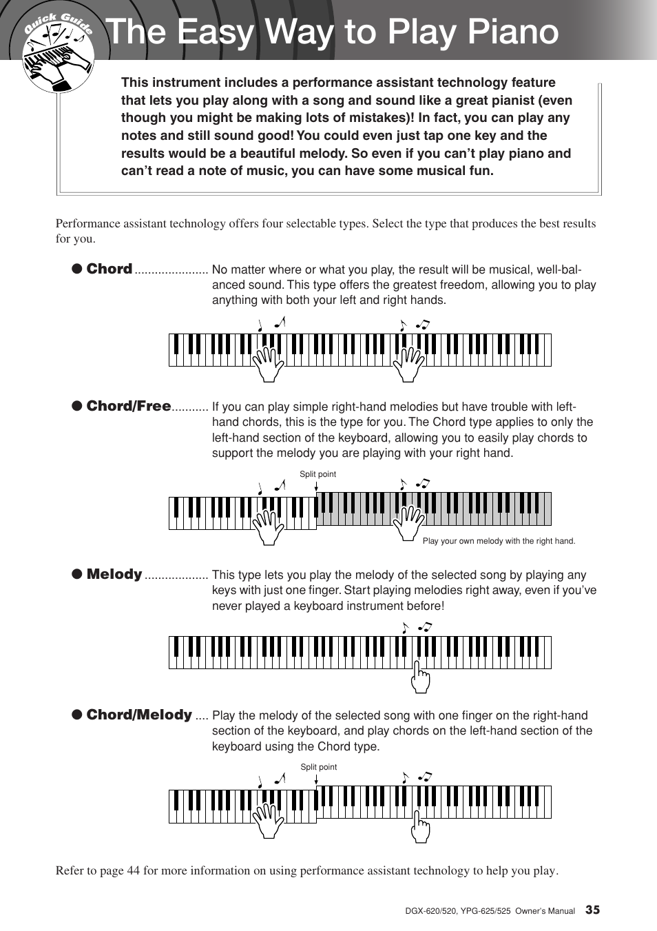 The easy way to play piano | Yamaha DGX-520 User Manual | Page 35 / 142