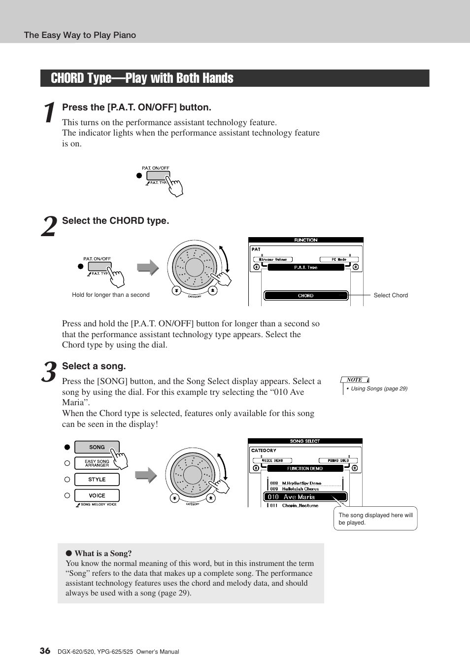 Chord type-play with both hands, Chord type—play with both hands | Yamaha DGX-520 User Manual | Page 36 / 142