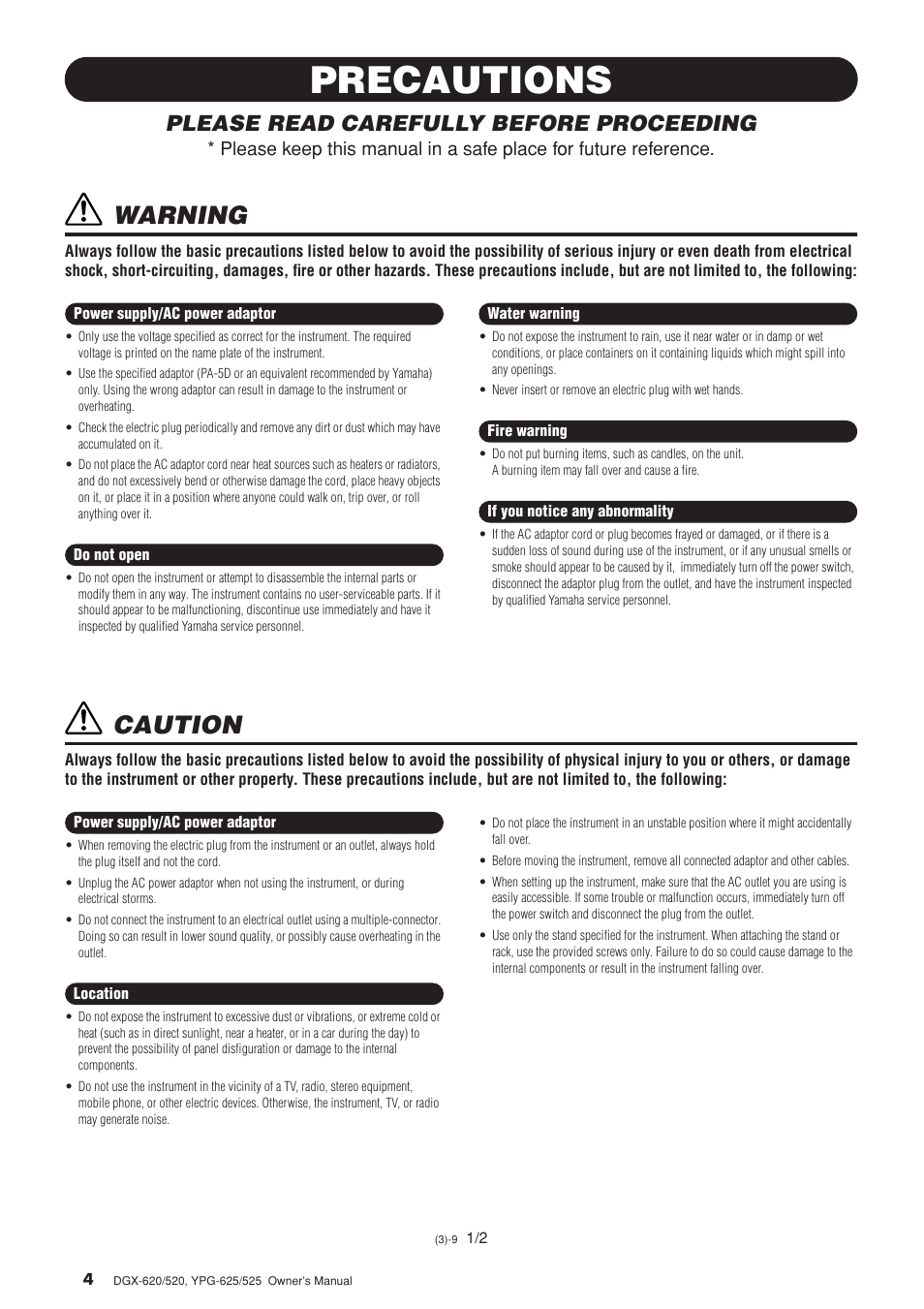 Precautions, Warning, Caution | Please read carefully before proceeding | Yamaha DGX-520 User Manual | Page 4 / 142