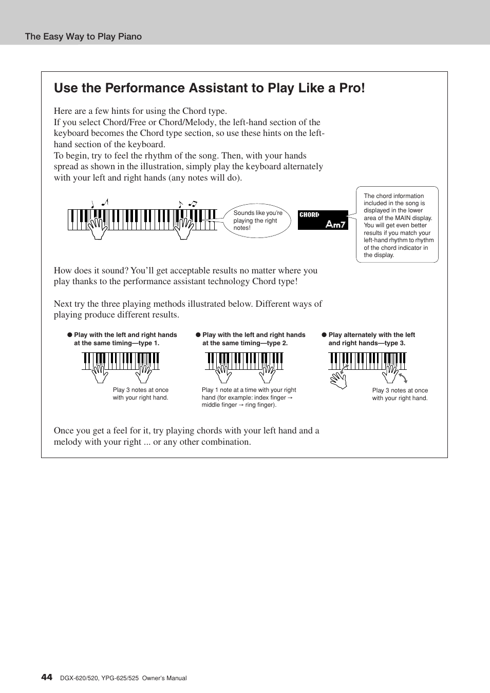 Use the performance assistant to play like a pro | Yamaha DGX-520 User Manual | Page 44 / 142