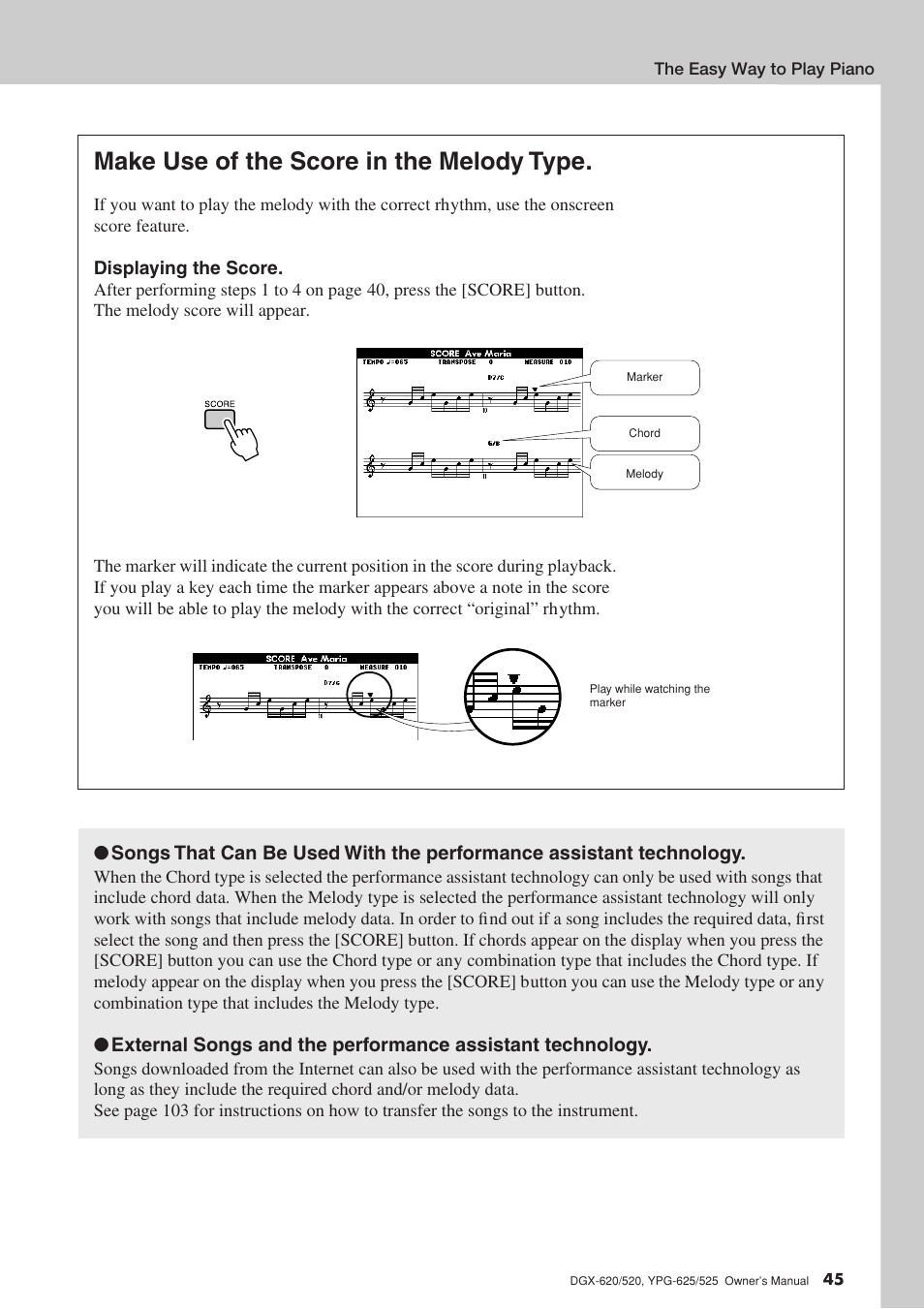 Make use of the score in the melody type | Yamaha DGX-520 User Manual | Page 45 / 142