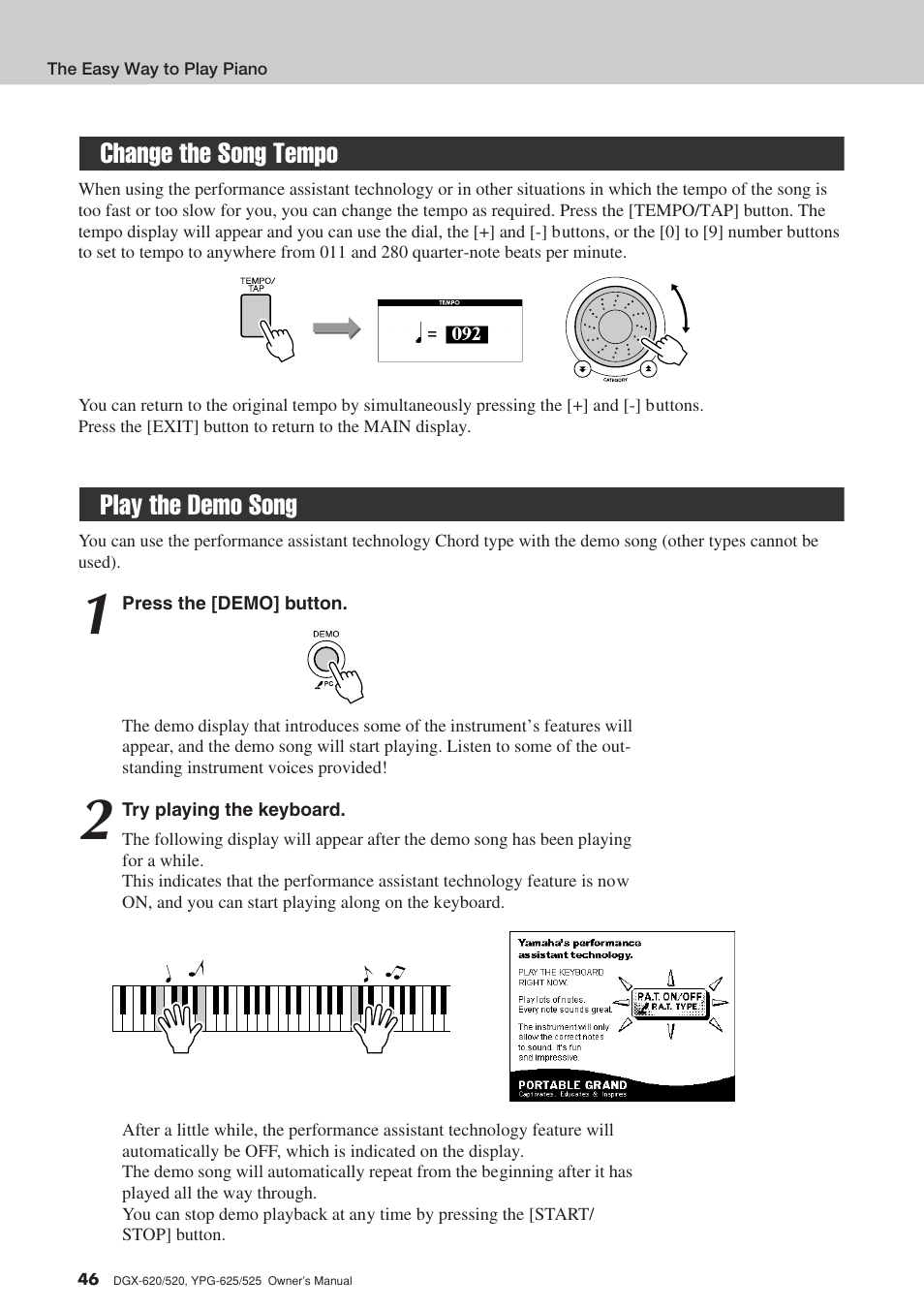 Change the song tempo, Play the demo song, Change the song tempo play the demo song | Yamaha DGX-520 User Manual | Page 46 / 142