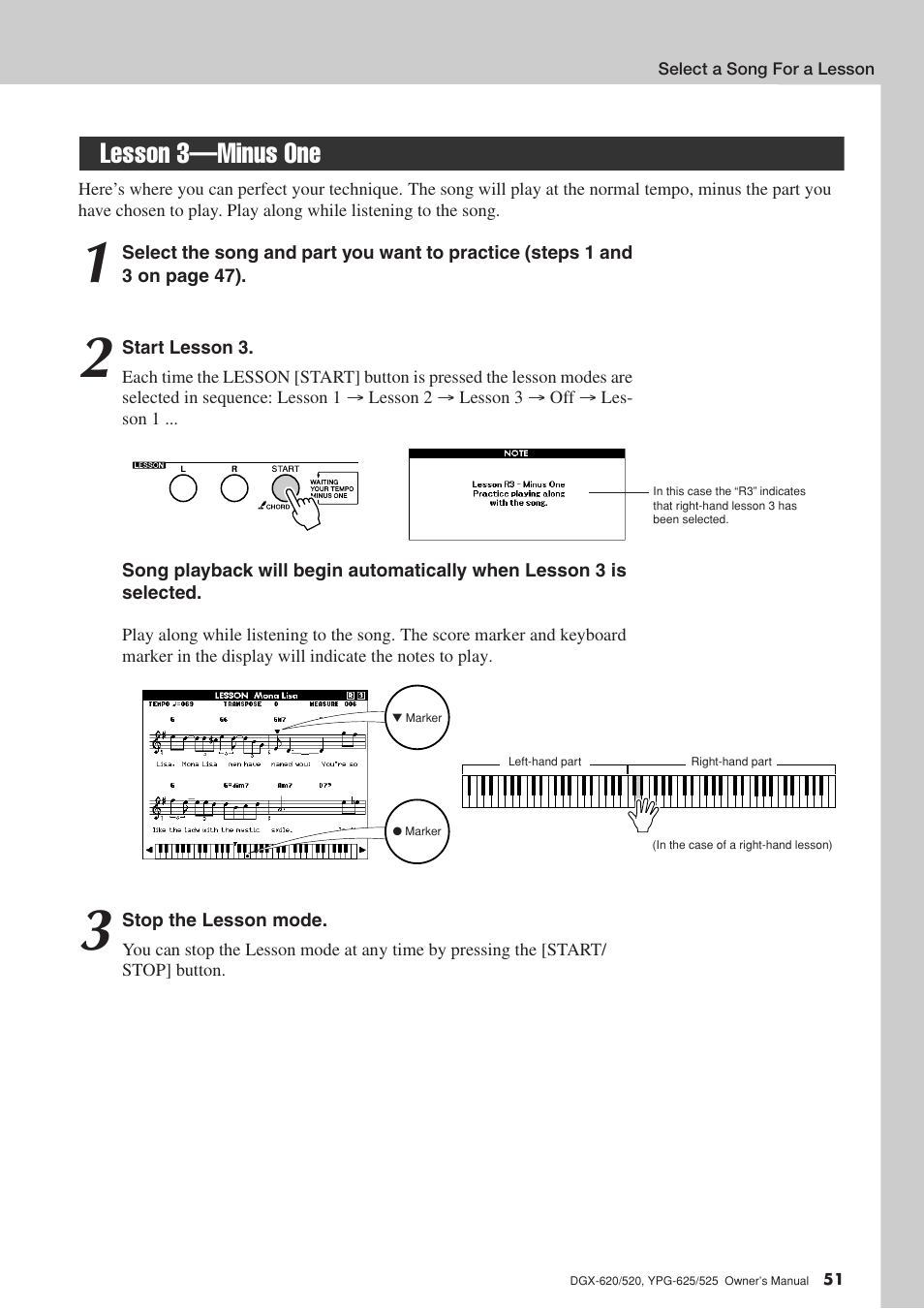 Lesson 3-minus one, Lesson 3—minus one | Yamaha DGX-520 User Manual | Page 51 / 142