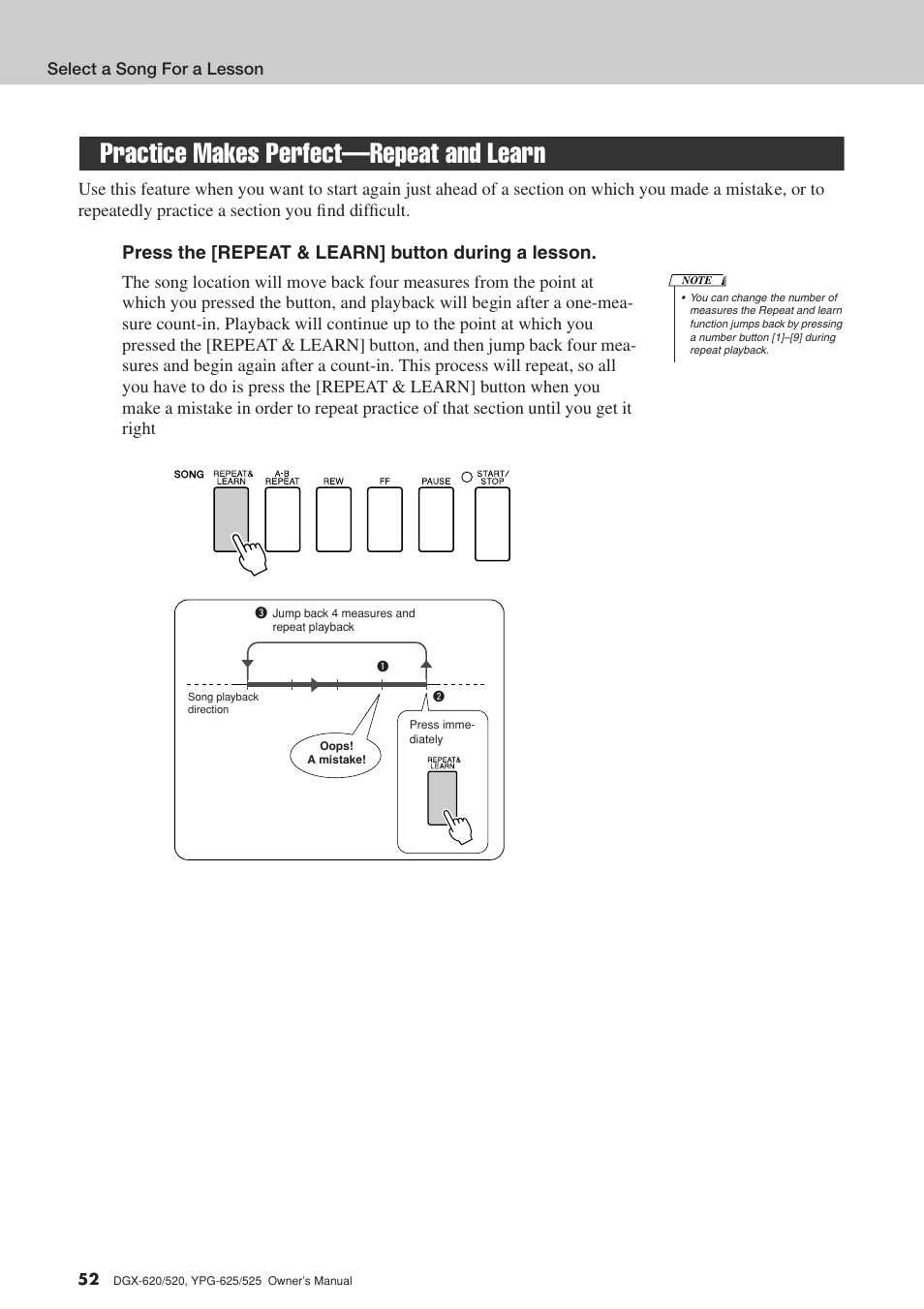 Practice makes perfect-repeat and learn, Practice makes perfect—repeat and learn, Press the [repeat & learn] button during a lesson | Yamaha DGX-520 User Manual | Page 52 / 142