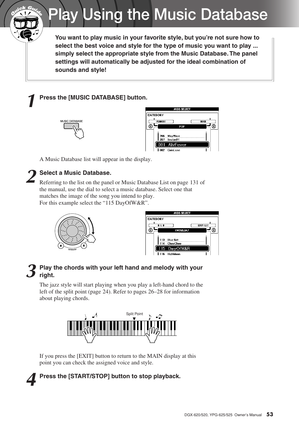 Play using the music database | Yamaha DGX-520 User Manual | Page 53 / 142