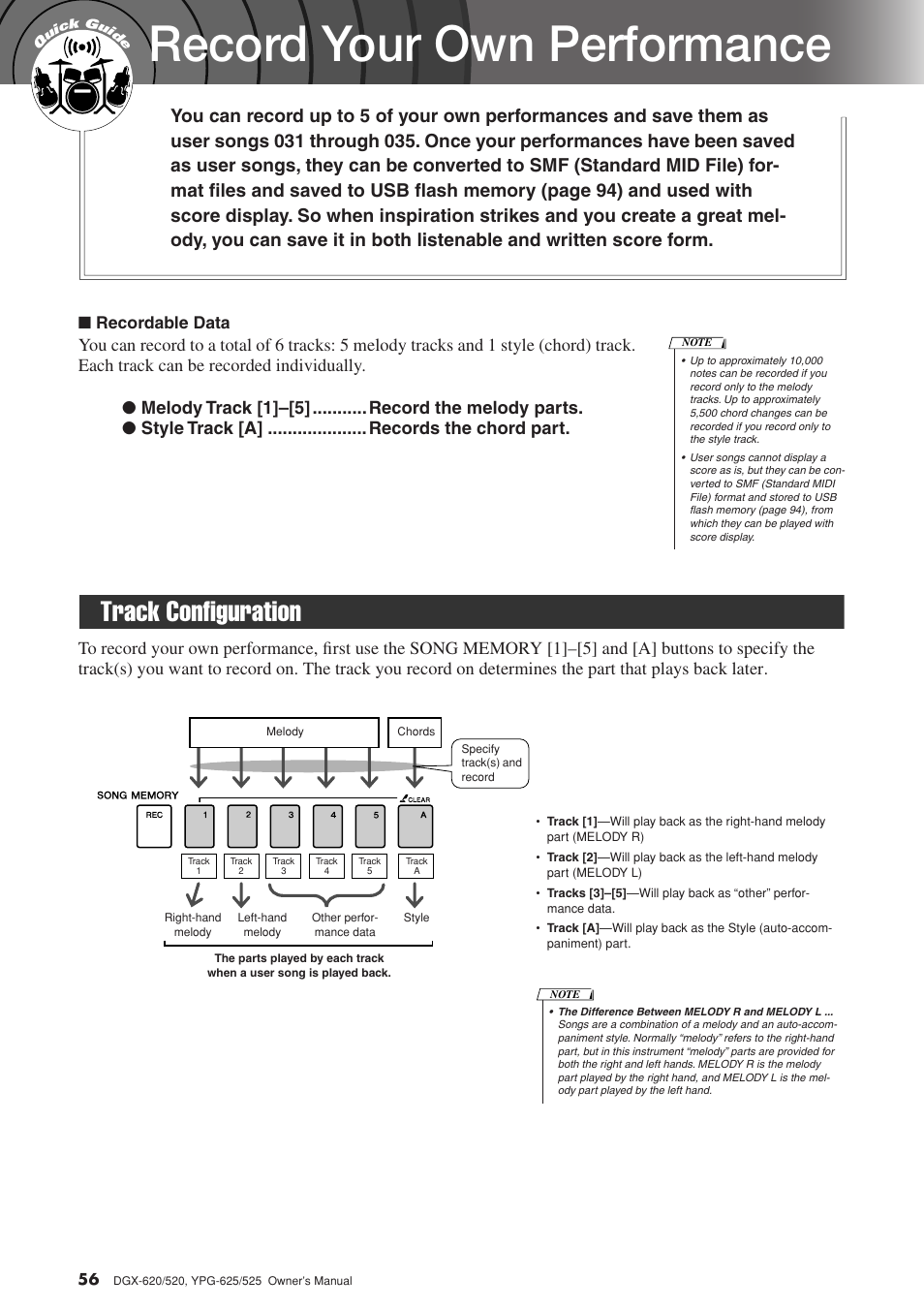 Record your own performance, Track configuration, Recordable data | Yamaha DGX-520 User Manual | Page 56 / 142