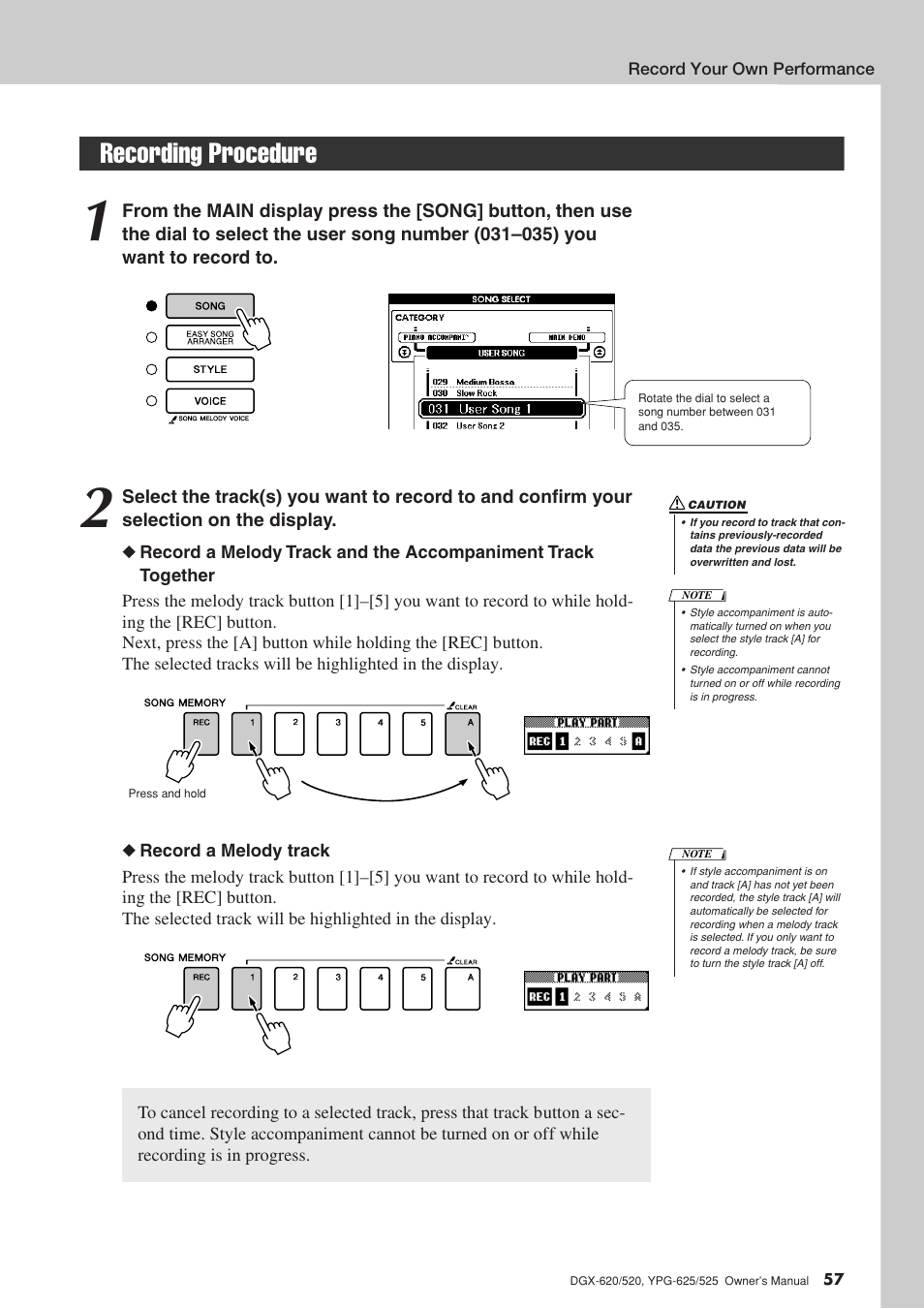 Recording procedure | Yamaha DGX-520 User Manual | Page 57 / 142