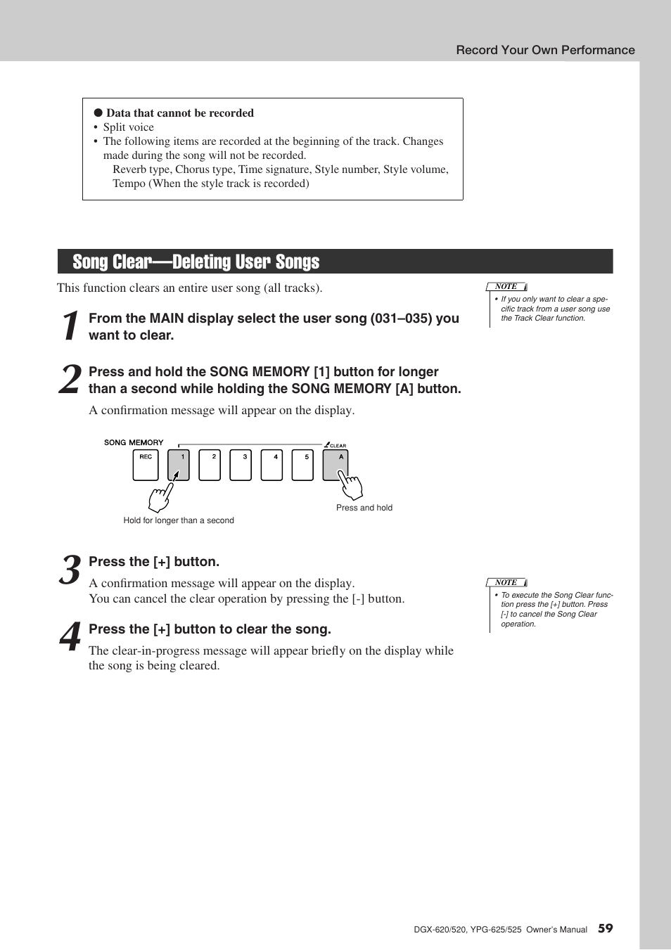 Song clear-deleting user songs, Song clear—deleting user songs, 59) function to delete unw | Yamaha DGX-520 User Manual | Page 59 / 142