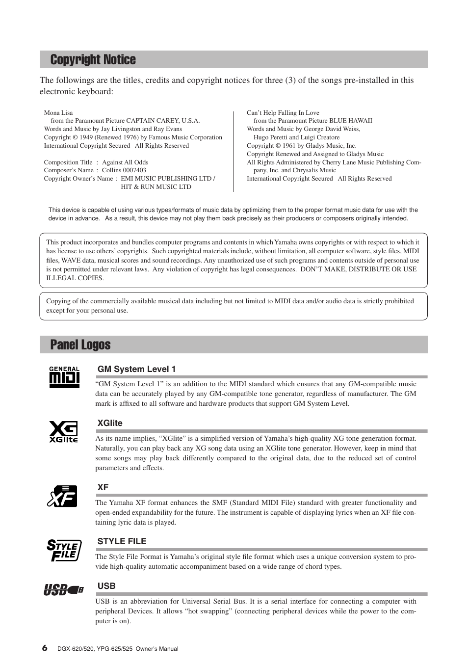Copyright notice, Panel logos, Copyright notice panel logos | Yamaha DGX-520 User Manual | Page 6 / 142