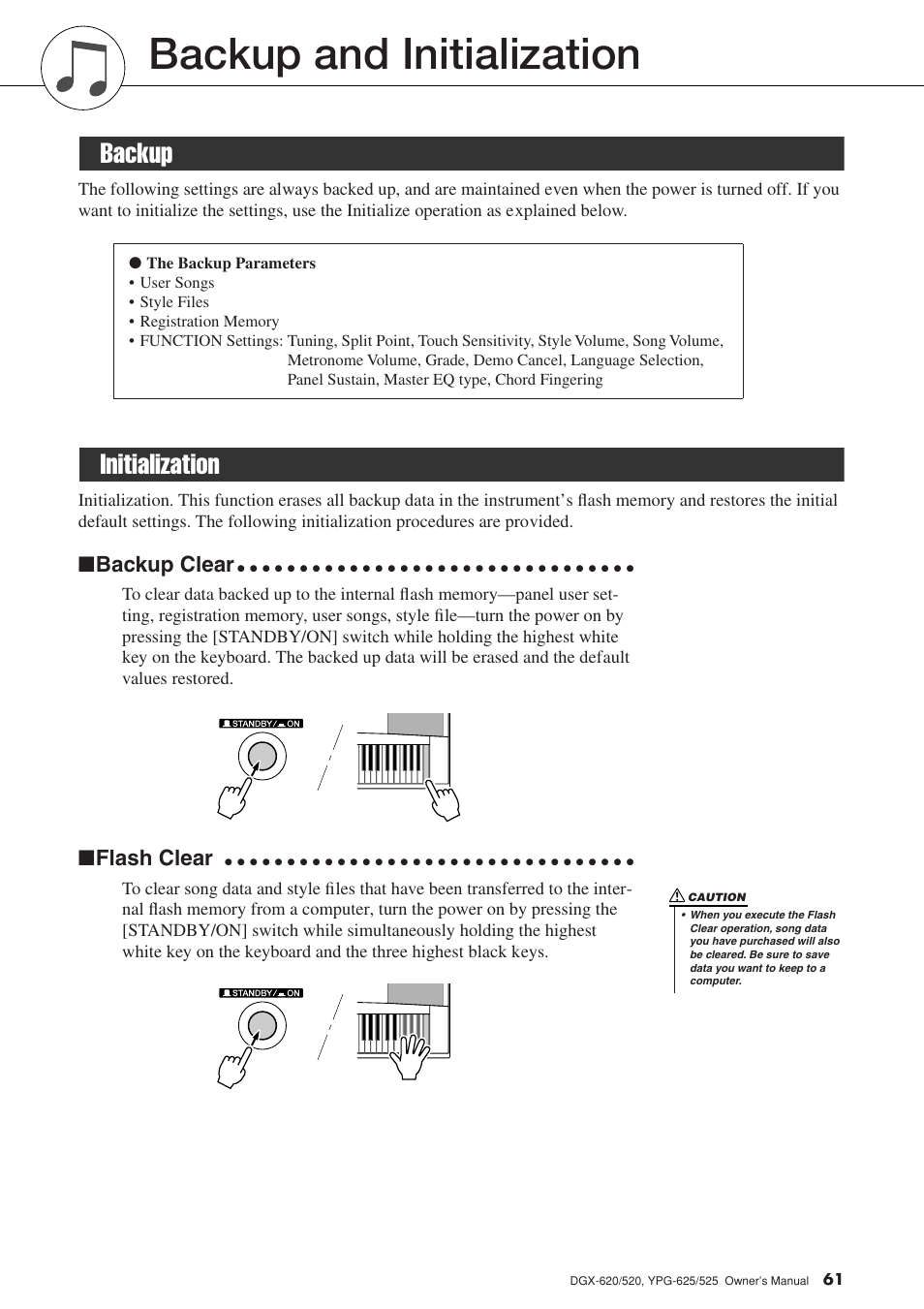 Backup and initialization, Backup, Initialization | Backup initialization, Backup clear, Flash clear | Yamaha DGX-520 User Manual | Page 61 / 142