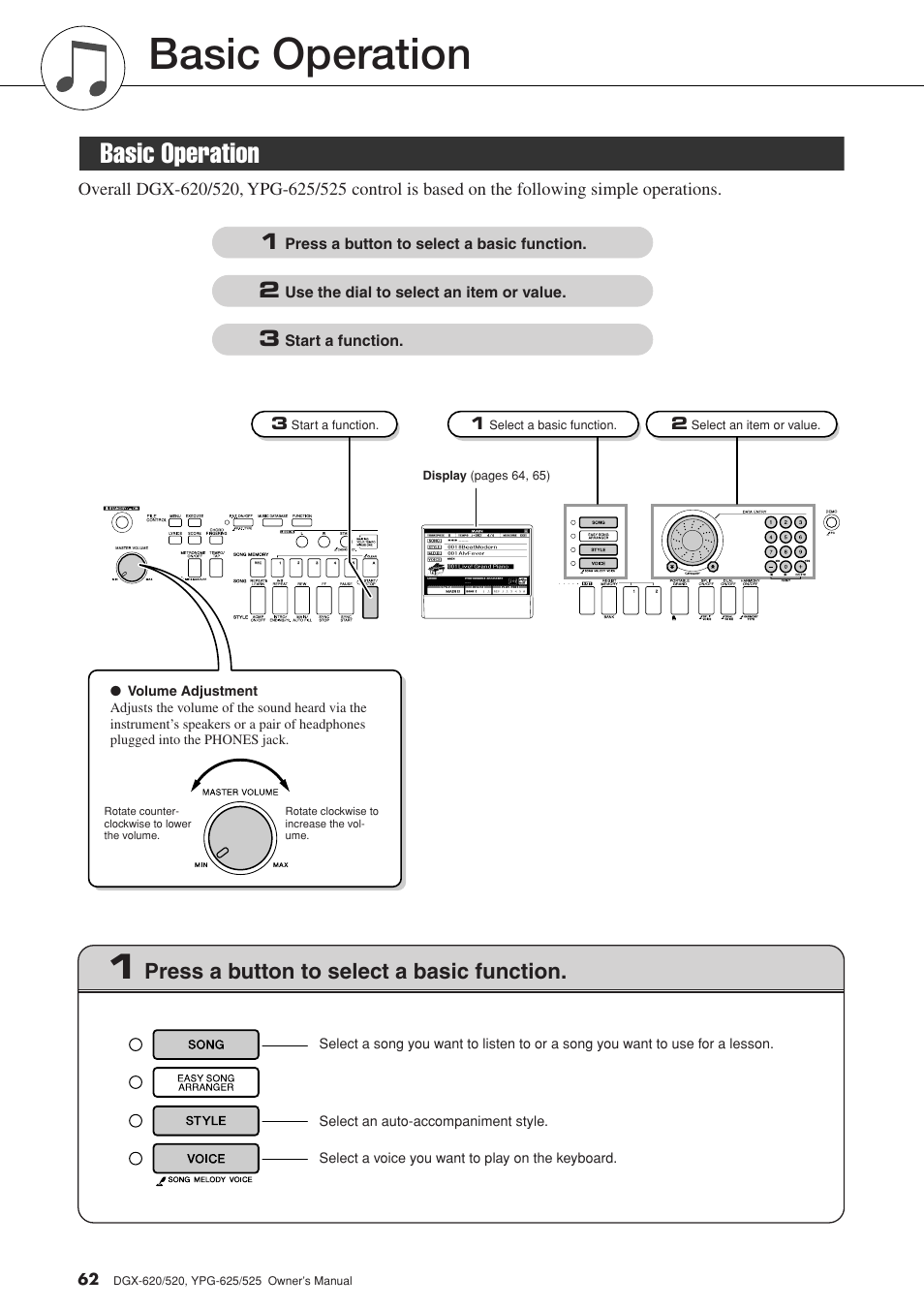 Basic operation, Press a button to select a basic function | Yamaha DGX-520 User Manual | Page 62 / 142