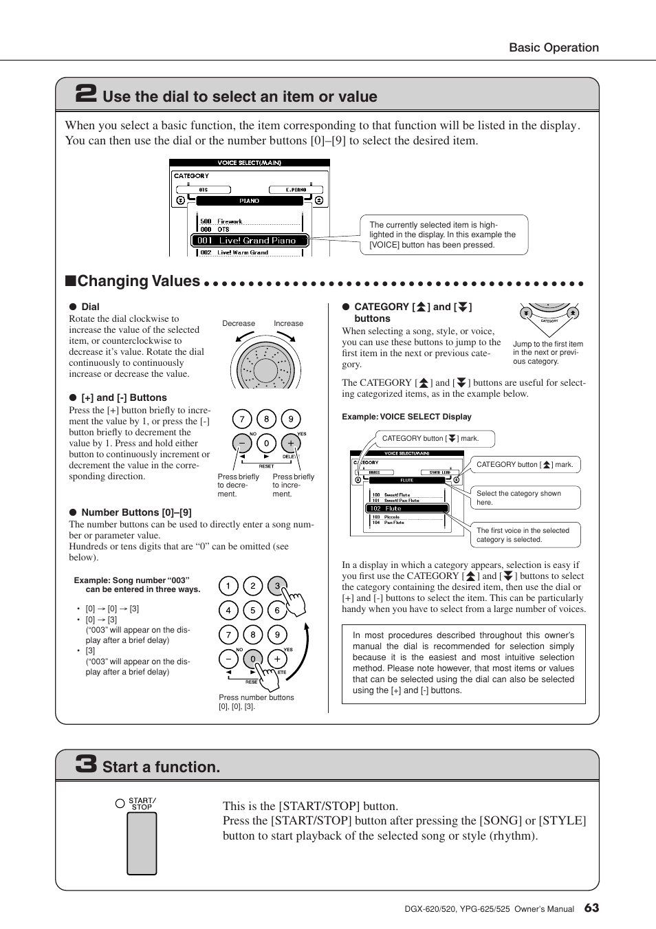 Use the dial to select an item or value, Changing values, Start a function | Yamaha DGX-520 User Manual | Page 63 / 142