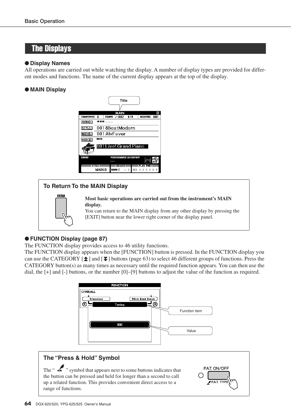 The displays | Yamaha DGX-520 User Manual | Page 64 / 142