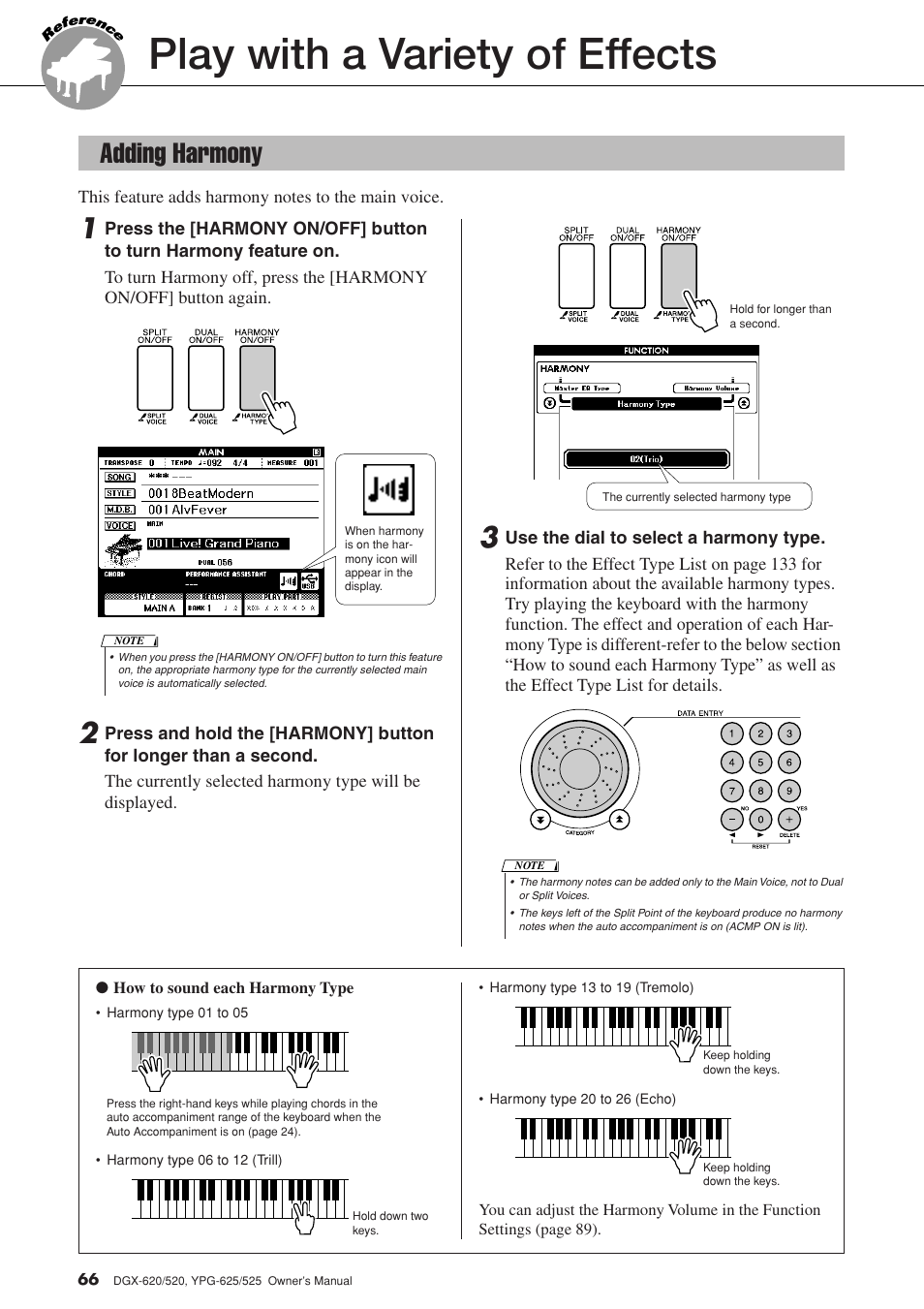 Reference, Play with a variety of effects, Adding harmony | Yamaha DGX-520 User Manual | Page 66 / 142