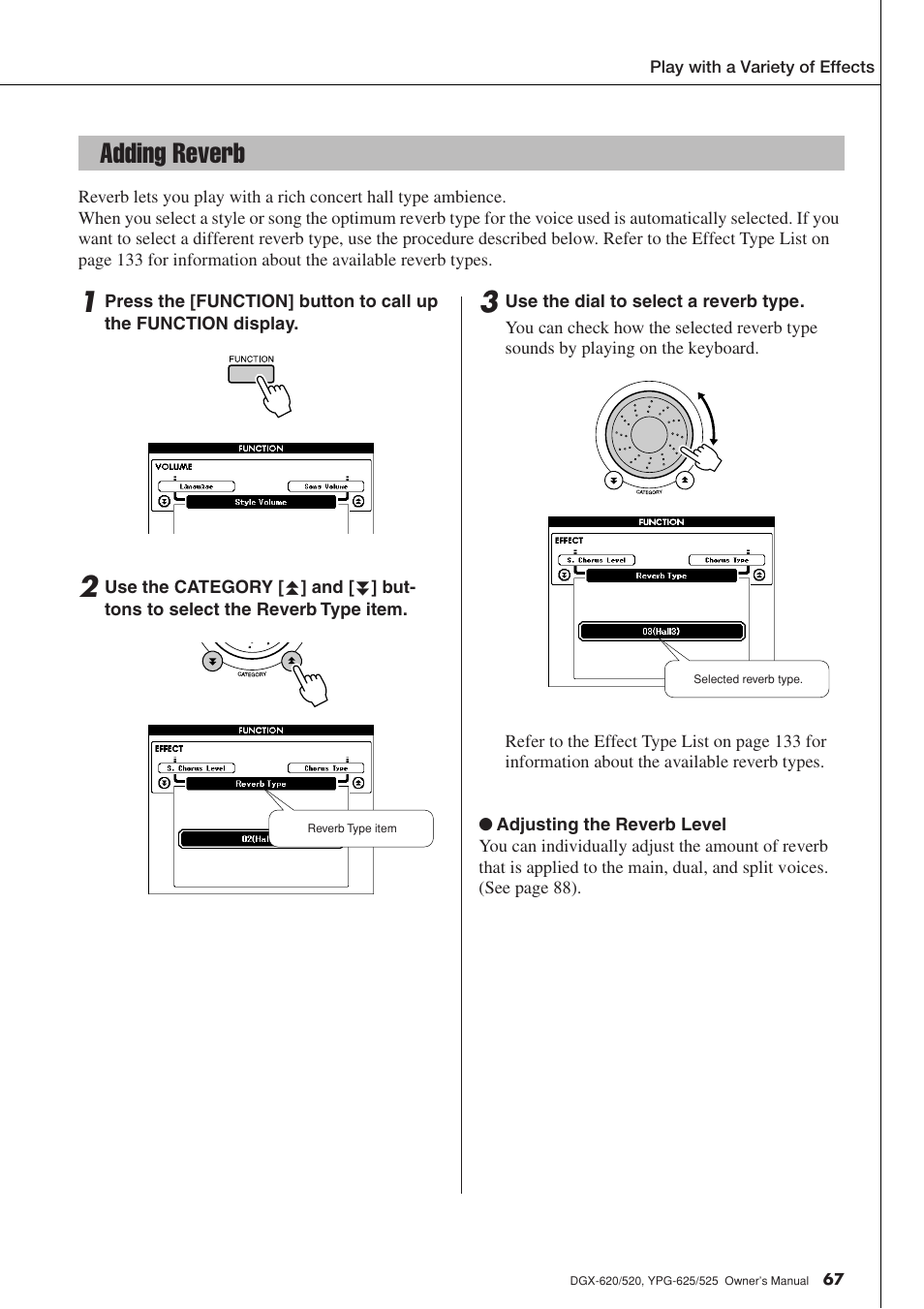 Adding reverb | Yamaha DGX-520 User Manual | Page 67 / 142