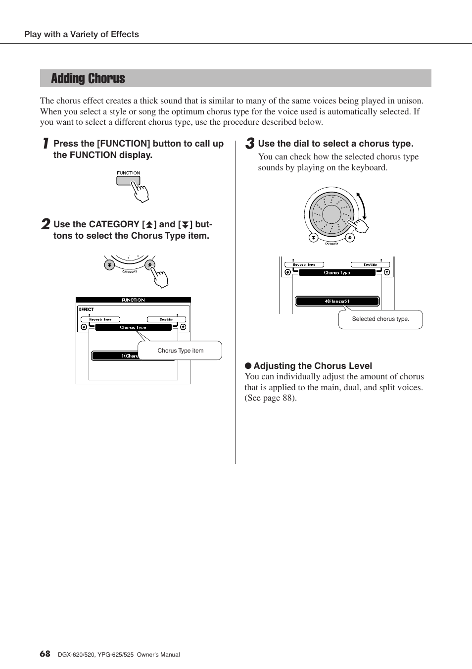 Adding chorus | Yamaha DGX-520 User Manual | Page 68 / 142