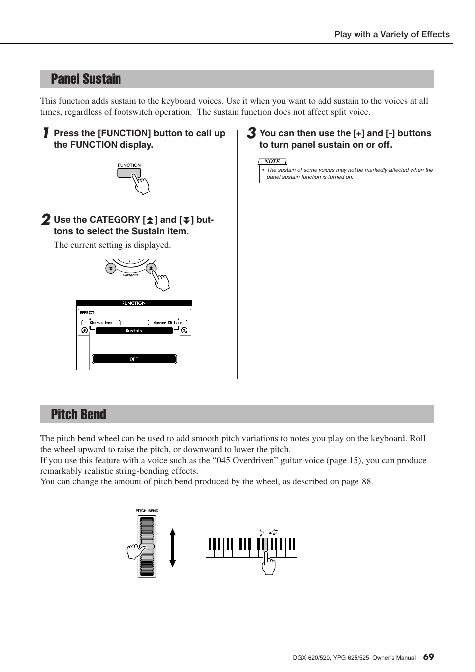 Panel sustain, Pitch bend, Panel sustain pitch bend | Yamaha DGX-520 User Manual | Page 69 / 142