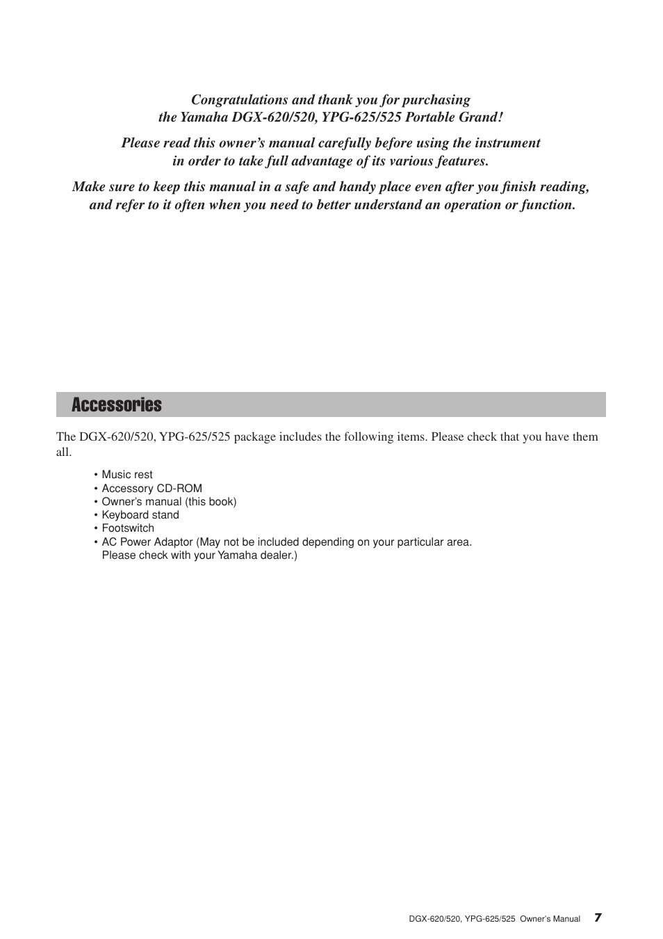 Congratulations, Accessories | Yamaha DGX-520 User Manual | Page 7 / 142