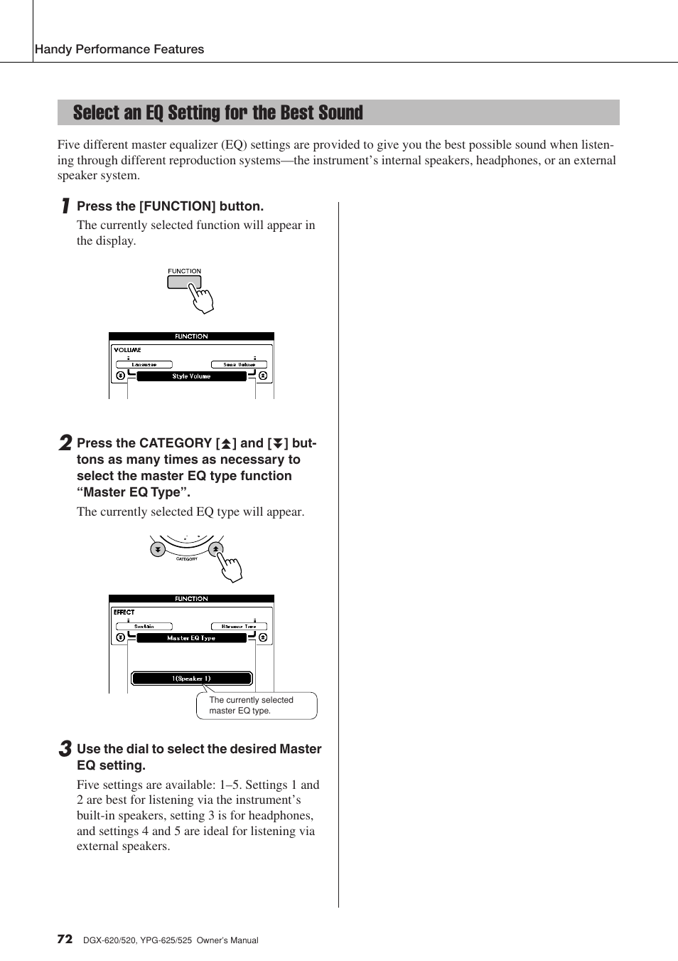 Select an eq setting for the best sound | Yamaha DGX-520 User Manual | Page 72 / 142