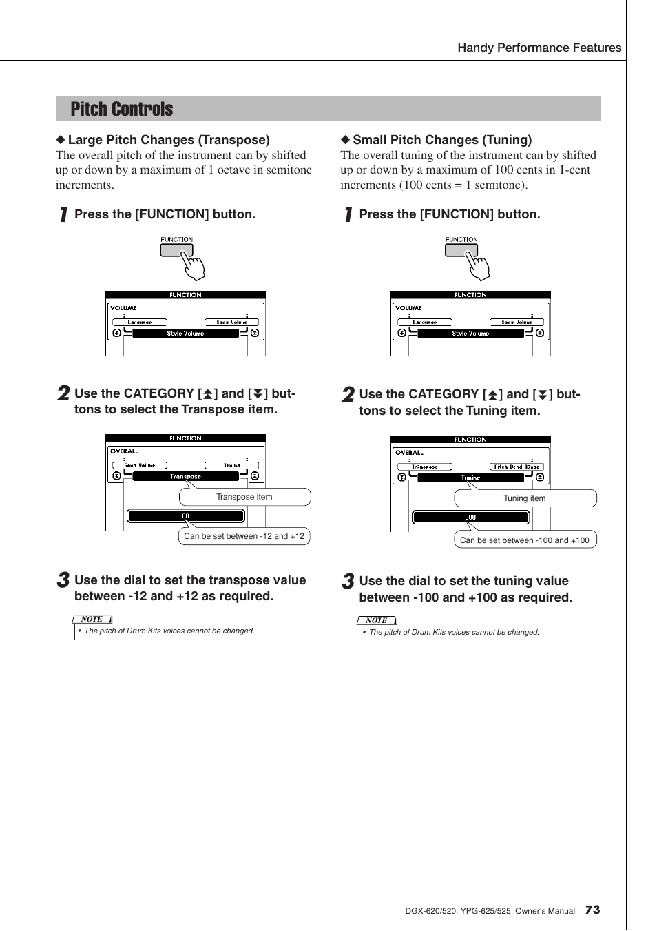 Pitch controls | Yamaha DGX-520 User Manual | Page 73 / 142