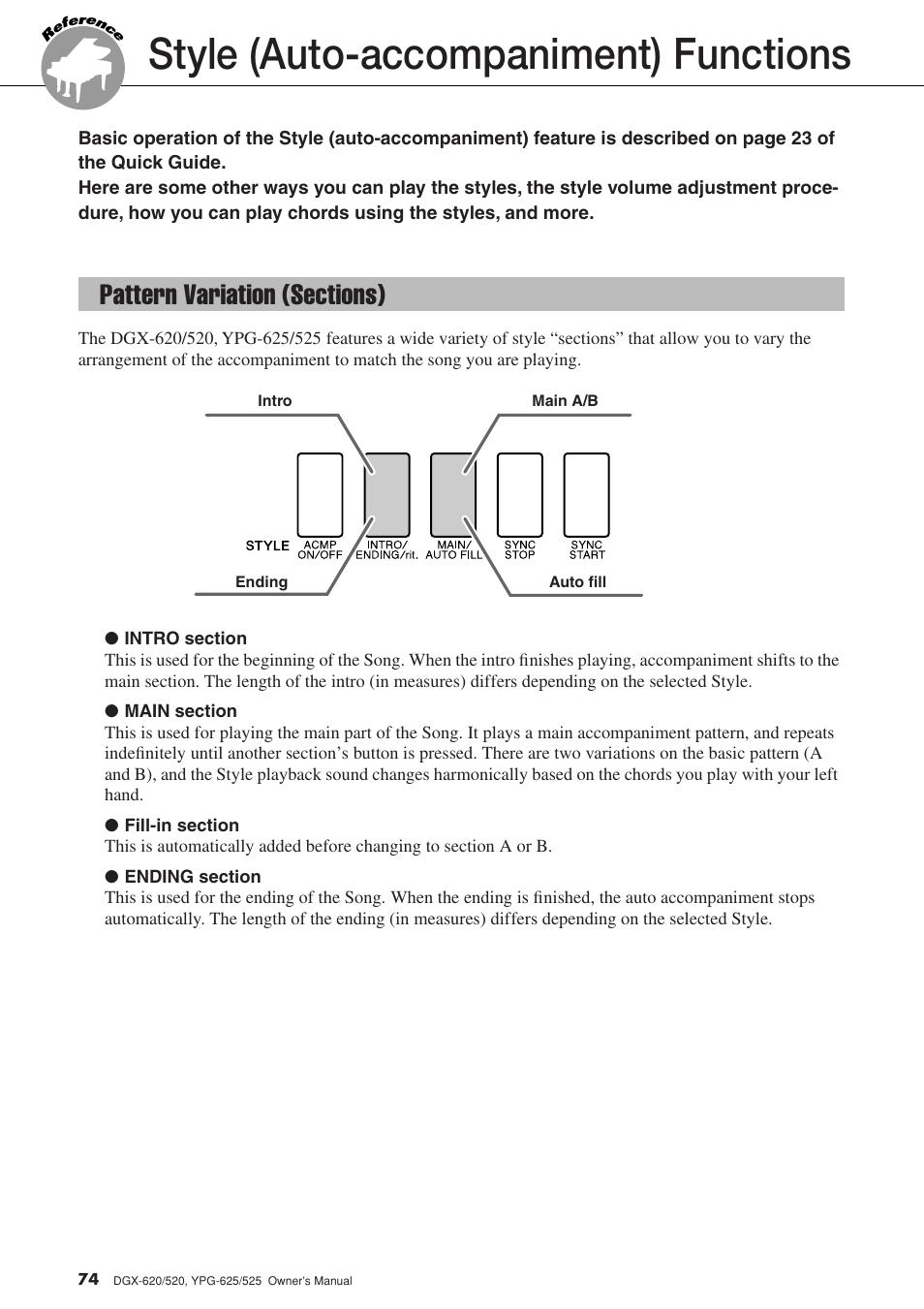 Style (auto-accompaniment) functions, Pattern variation (sections) | Yamaha DGX-520 User Manual | Page 74 / 142