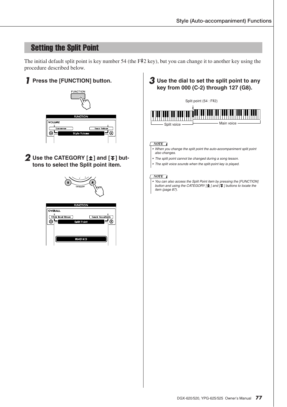 Setting the split point | Yamaha DGX-520 User Manual | Page 77 / 142