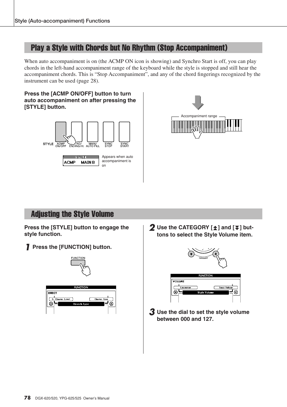 Adjusting the style volume, Play a style with chords but no rhythm, Stop accompaniment) | Yamaha DGX-520 User Manual | Page 78 / 142