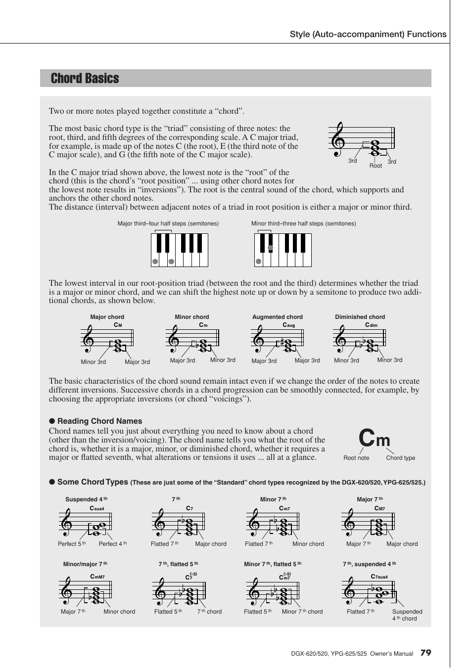 Chord basics, Reading chord names, Some chord types | Yamaha DGX-520 User Manual | Page 79 / 142