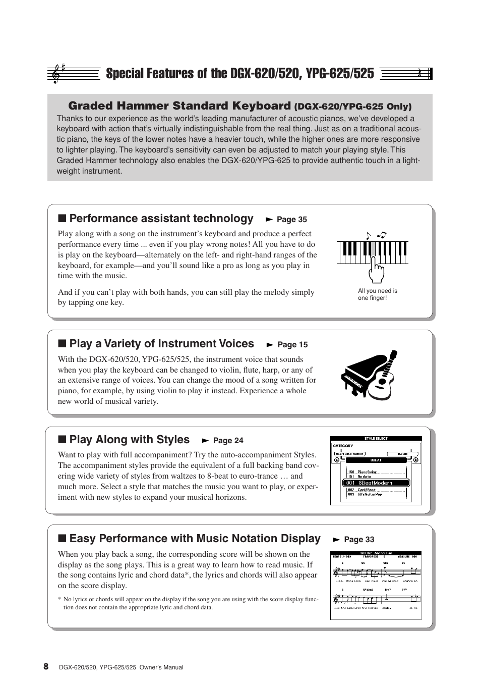 Special features of the dgx-620/520, ypg-625/525, Graded hammer standard keyboard, Performance assistant technology | Play a variety of instrument voices, Play along with styles, Easy performance with music notation display | Yamaha DGX-520 User Manual | Page 8 / 142