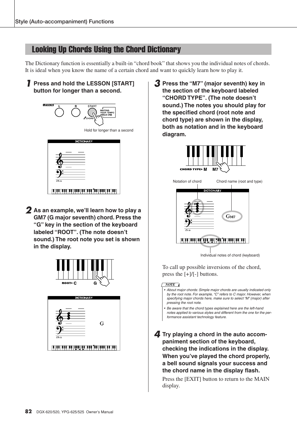 Looking up chords using the chord dictionary | Yamaha DGX-520 User Manual | Page 82 / 142