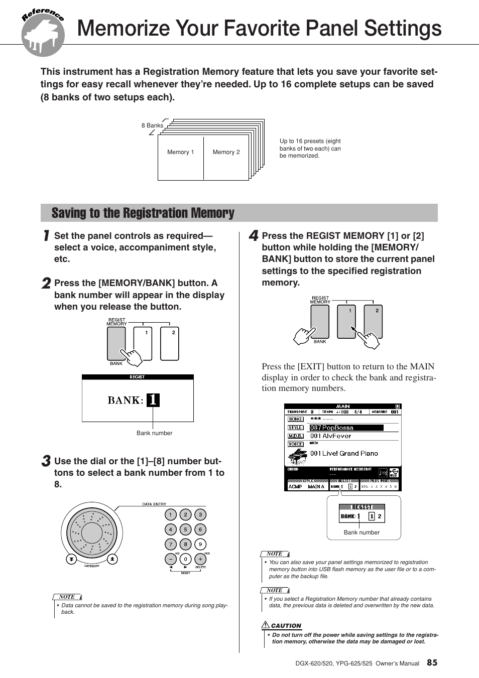 Memorize your favorite panel settings, Saving to the registration memory | Yamaha DGX-520 User Manual | Page 85 / 142