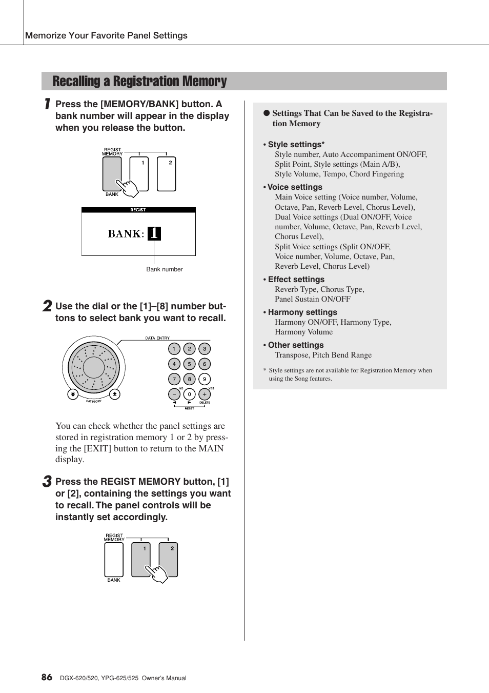 Recalling a registration memory | Yamaha DGX-520 User Manual | Page 86 / 142