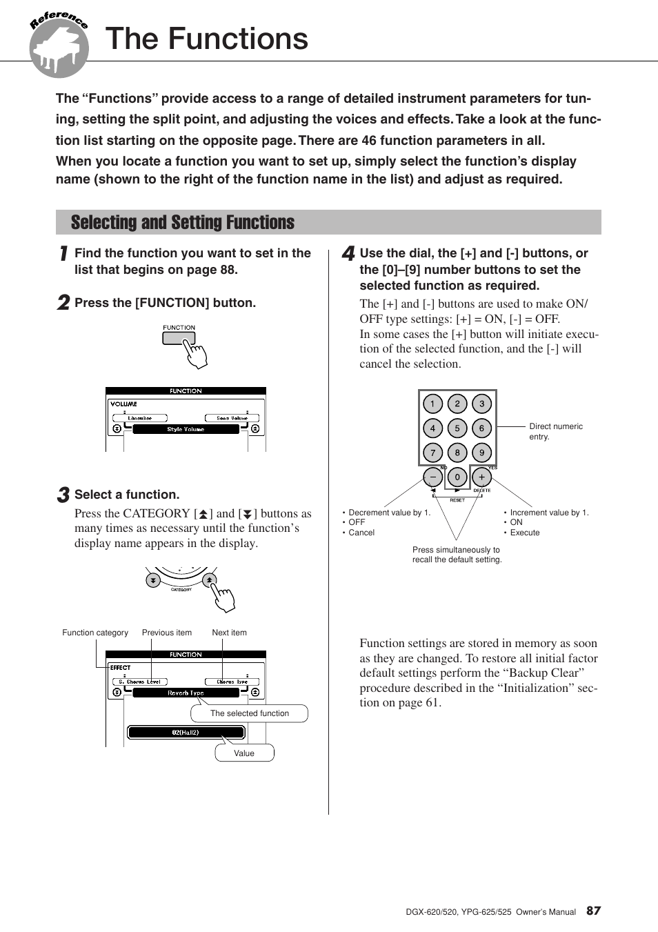 The functions, Selecting and setting functions | Yamaha DGX-520 User Manual | Page 87 / 142