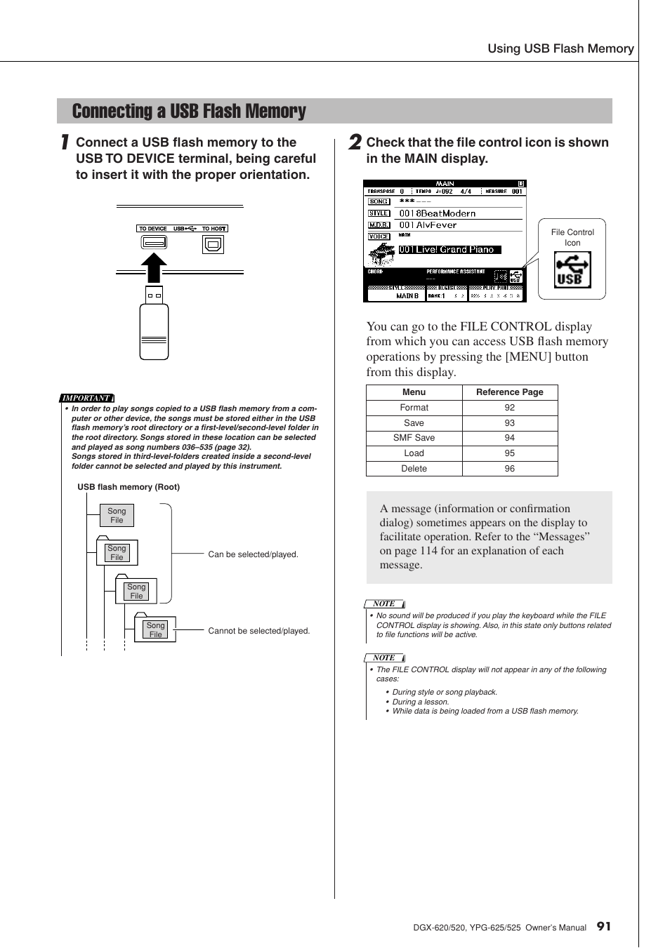 Connecting a usb flash memory | Yamaha DGX-520 User Manual | Page 91 / 142