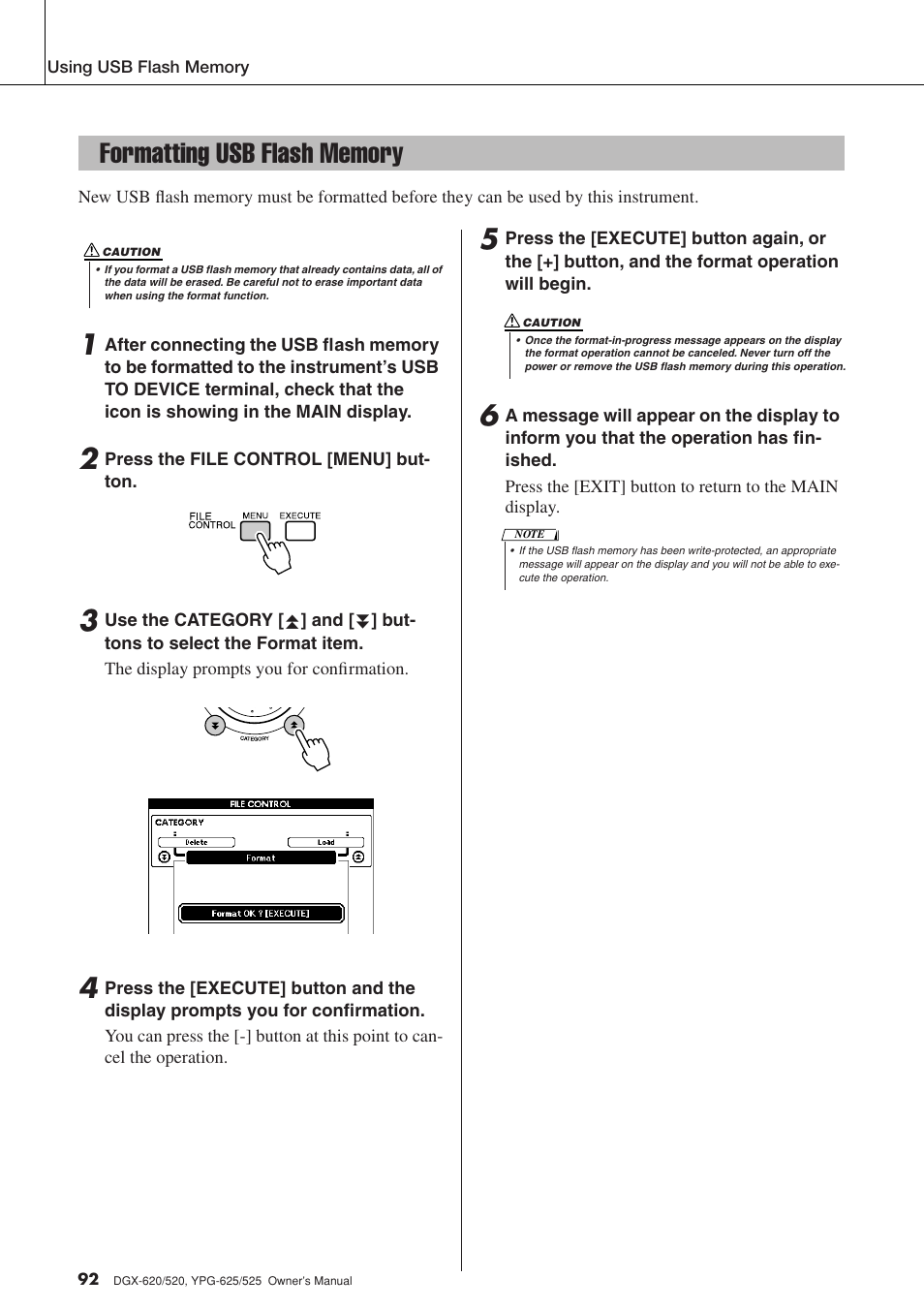 Formatting usb flash memory | Yamaha DGX-520 User Manual | Page 92 / 142