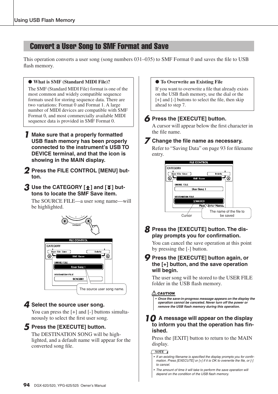 Convert a user song to smf format and save | Yamaha DGX-520 User Manual | Page 94 / 142