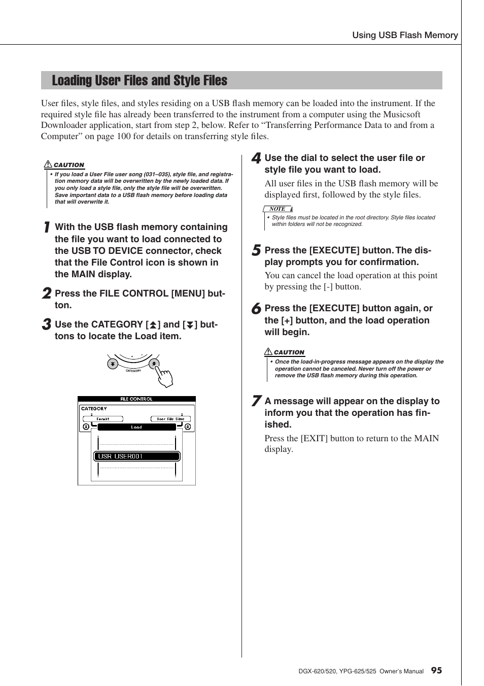 Loading user files and style files, Le, see “load- ing user files and style files | Yamaha DGX-520 User Manual | Page 95 / 142