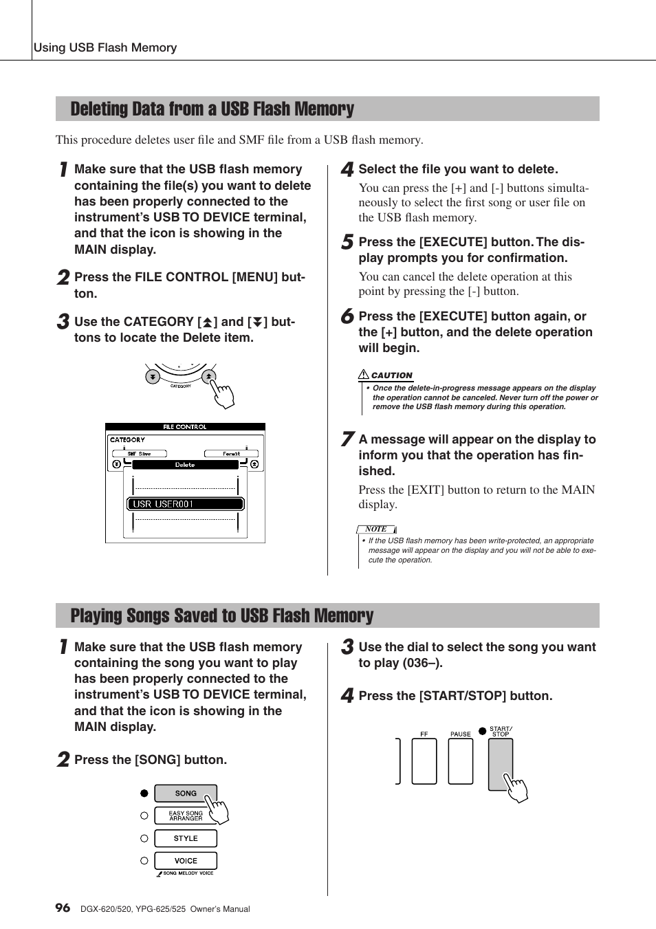 Deleting data from a usb flash memory, Playing songs saved to usb flash memory | Yamaha DGX-520 User Manual | Page 96 / 142