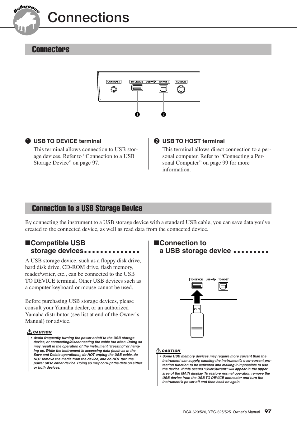 Connections, Connectors, Connection to a usb storage device | Connectors connection to a usb storage device, Compatible usb storage devices | Yamaha DGX-520 User Manual | Page 97 / 142