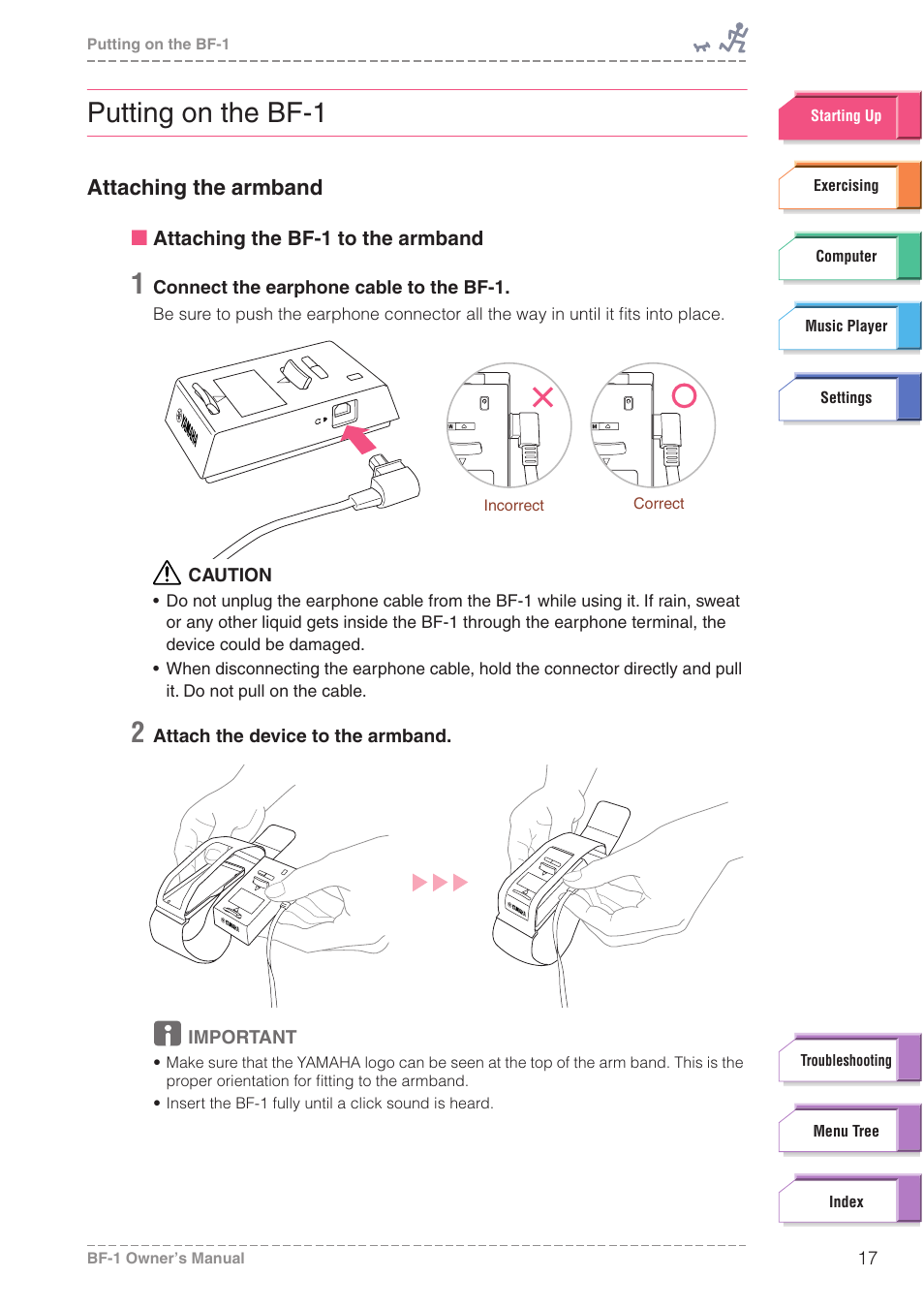 Putting on the bf-1, Attaching the armband, Attaching the | Armband | Yamaha BODiBEAT BF-1 User Manual | Page 17 / 88