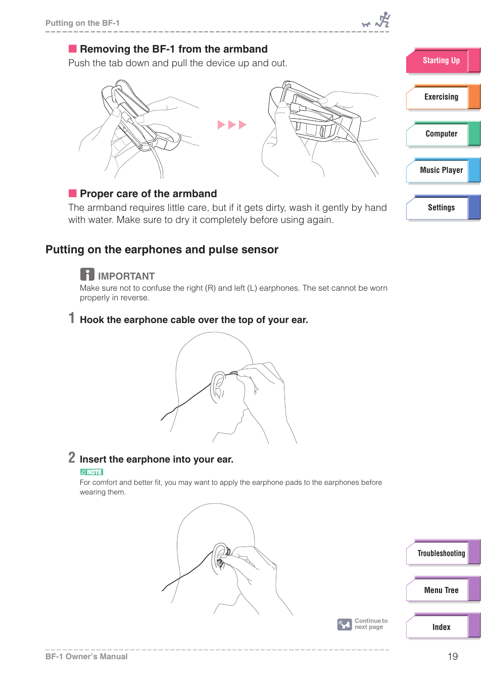 Putting on the earphones and pulse sensor | Yamaha BODiBEAT BF-1 User Manual | Page 19 / 88