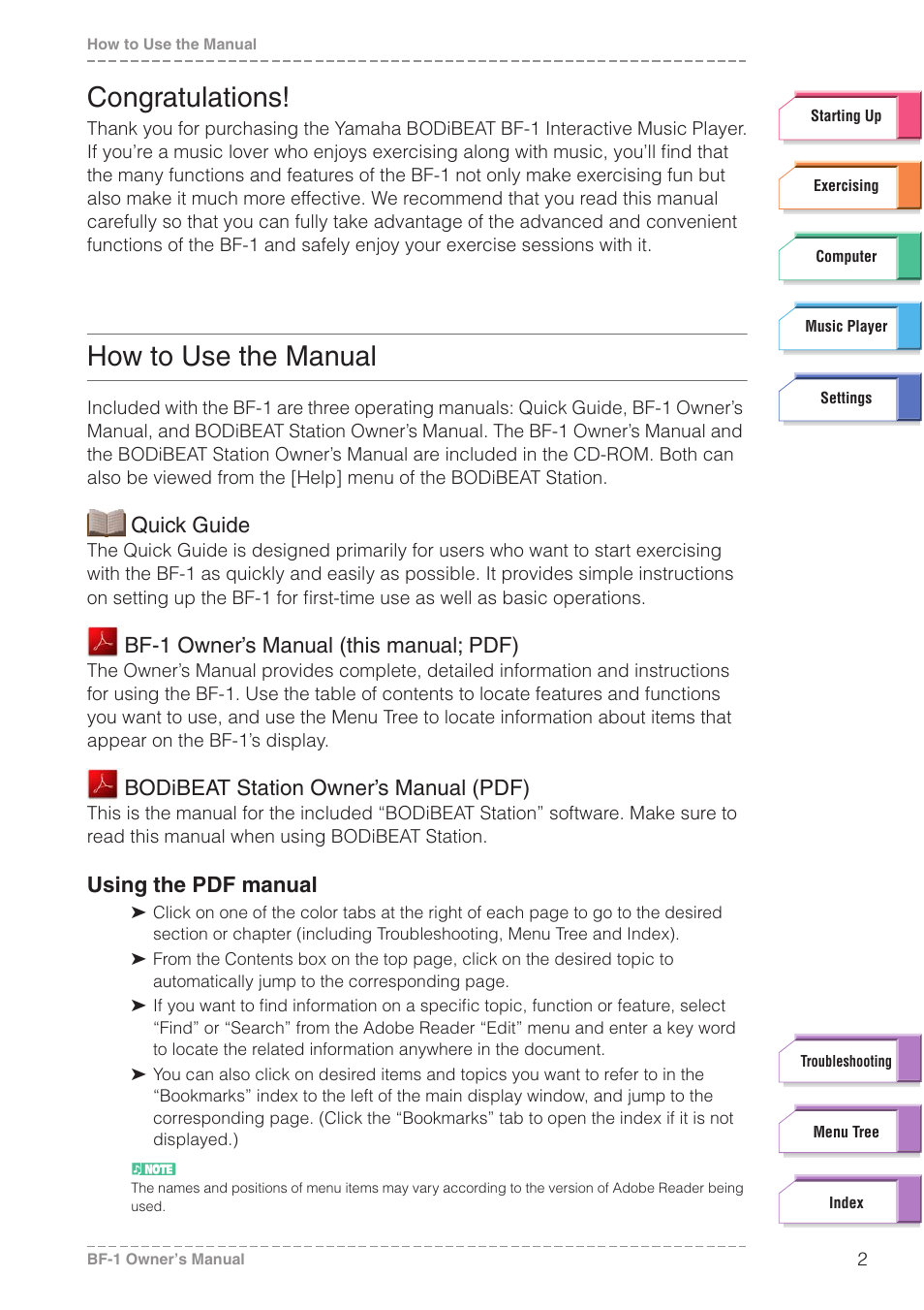 How to use the manual, Quick guide, Bf-1 owner’s manual (this manual; pdf) | Bodibeat station owner’s manual (pdf), Using the pdf manual | Yamaha BODiBEAT BF-1 User Manual | Page 2 / 88